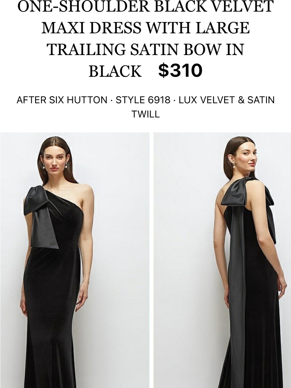 After Six Black One-Shoulder Velvet Gown with Satin Bow
